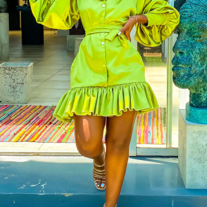 Elegant Regular Fit Shirt Collar Long sleeve Dress With Belt, Mini Dresses, color:Green|size:XXL, Stylewe