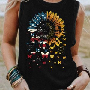 American Flag Sunflower Women's Crew Neck Knit, color:Black|size:3XL, Lilicloth.com