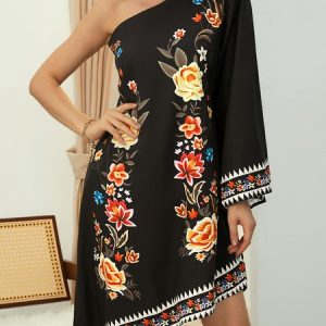 Vacation Loose Floral Cold Shoulder Dress, Dresses, color:Black|size:XXL, Stylewe