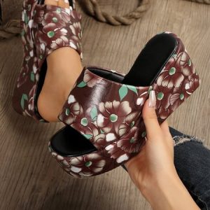 Beach Vacation Brown Floral Wedge Sandals, Sandals, color:As Picture|size:43, Noracora