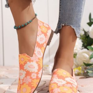 Orange Flowers Soft Flying Weaving Loafers, Flats, color:Orange Red|size:43, JustFashionNow