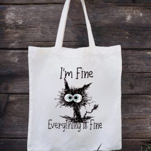 I Am Fine Everything Is Fine Women Simple Cat Printing Canvas Open-top Party Halloween Canvas Tote Bag, color:As Picture|size:One-size, Lilicloth.com