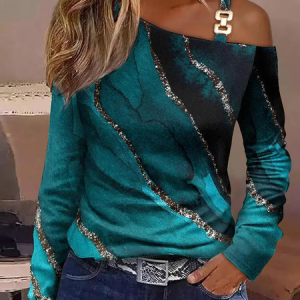 Casual Abstract One Shoulder Long Sleeve T-shirt, T-shirts, color:darkgreen|size:XL, Noracora