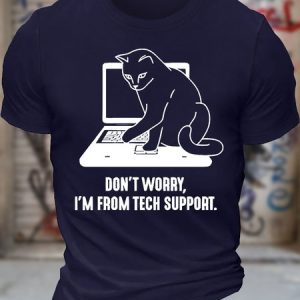 Men's Don't Worry I'm From Tech Support Funny Cat Graphic Printing Text Letters Cotton Crew Neck Casual T-Shirt, color:Purplish blue|size:3XL, Lilicloth.com