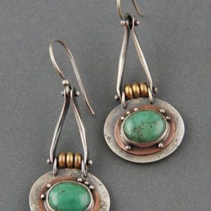 Ethnic Oval Turquoise Two-Tone Earrings, Earrings, color:Silver, JustFashionNow