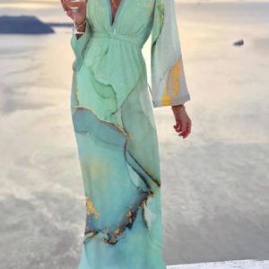 Landscape Print Boho V Neck Long Sleeve Loose A-line Dress, Maxi, color:As Picture|size:3XL, catalog Noracora shop