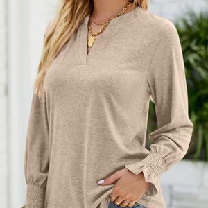 Stand Collar Long Sleeve Plain Regular Micro-Elasticity Regular Fit Shirt For Women, Blouses, color:Apricot|size:XXL, Noracora
