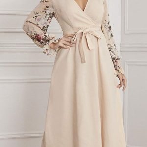 Women Floral V Neck Long Sleeve Comfy Party Maxi Dress, Dresses, color:Apricot|size:L, Noracora