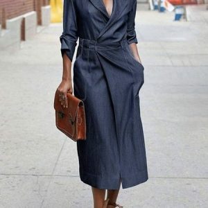 Urban Plain Shawl Collar Denim Dress, Midi Dresses, color:Grey-blue|size:XXL, Stylewe