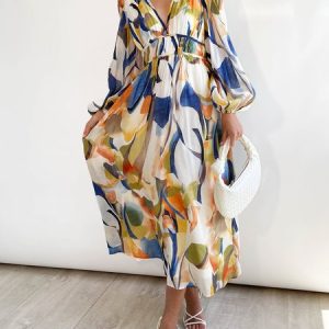 Vacation Floral  Print Long Sleeve V Neck Dress, Midi Dresses, color:Blue|size:XS, Stylewe