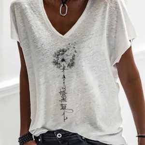 Casual V Neck Dandelion Short Sleeve Loose T-Shirt, T-shirts, color:White|size:XS, Noracora