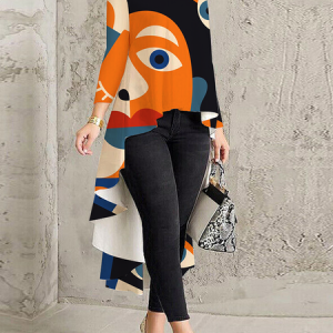 Loose Urban Abstract Crew Neck Long sleeve Mid-long Blouse, Blouses and Shirts, color:As Picture|size:XXL, Stylewe