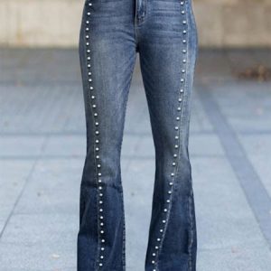Plain Pockets Buckle Beaded Casual Denim Jeans, Jeans, color:Blue|size:XXL, JustFashionNow