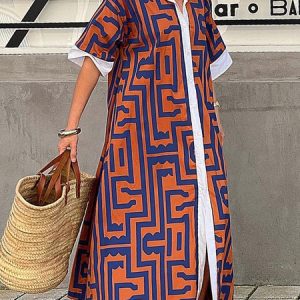 Women Geometric Shirt Collar Short Sleeve Comfy Casual Maxi Shirt Dress, Shirt Dress, color:Orange|size:3XL, Noracora