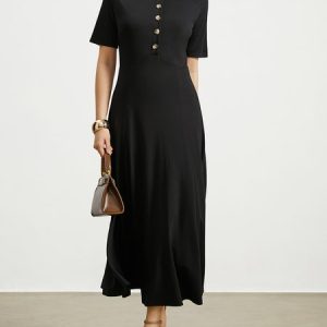 High Elasticity Crew Neck Short sleeve Elegant Midi Dress With No, Maxi Dresses, color:Black|size:XXL, Stylewe