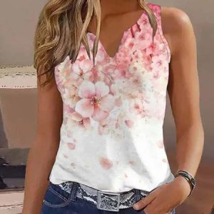 Casual Notched Jersey Floral T-Shirt, Tanks & Camis, color:Multicolor|size:XXL, JustFashionNow