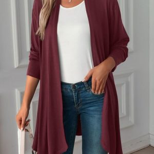 Cotton Casual Plain Loose Kimono, Kimono, color:Wine Red|size:XXL, Noracora