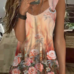 V Neck Loose Floral Vacation Tank Top, Tanks & Camis, color:Orange Red|size:XXL, JustFashionNow