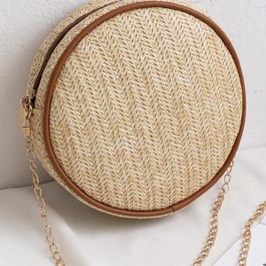 Urban Casual Straw Woven Round Messenger Bag Vacation Women's Shoulder Bag, Women's Bags, color:Brown|size:One-size, JustFashionNow