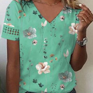V Neck Lace Floral Casual T-Shirt, T-Shirts, color:Green|size:XXL, JustFashionNow