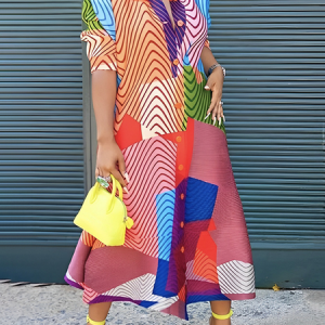 Plus Size Vacation Shirt Collar Loose Chevron Dress, Plus Dresses, color:Multicolor|size:4X, Stylewe
