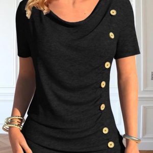 Plain Buttoned Casual Regular Fit Shirt, Shirts & Blouses, color:Black|size:XXL, JustFashionNow