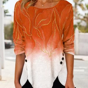 JFN Gradient Irregular Hem Button Loose Tunic Top Long Sleeve Top, Shirts & Blouses, color:Orange|size:XXL, JustFashionNow