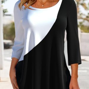 Simple Crew Neck Color Block Regular Fit Tops, T-Shirts, color:Black|size:XXL, JustFashionNow
