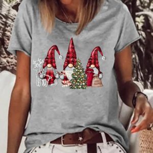 Women's Christmas Gnome Loose Casual Crew Neck T-shirt, T-shirts, Lilicloth.com