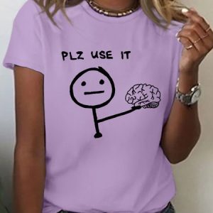 Women's Cotton Plz Use It Matchstick Men Print Letters T-Shirt, color:Purple|size:3XL, Lilicloth.com