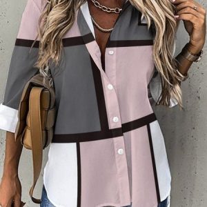 Shirt Collar Long Sleeve Plaid Regular Loose Blouse For Women, Shirts, color:Pink|size:3XL, Noracora