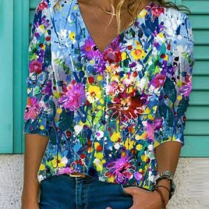 JFN V Neck Floral Casual Blouse, Shirts & Blouses, color:Multicolor|size:XXL, JustFashionNow