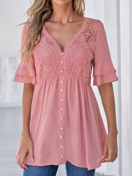 Ruffled Sleeves Elegant Regular Fit Plain Shirt, Shirts & Blouses, color:Dark Pink|size:XXL, JustFashionNow