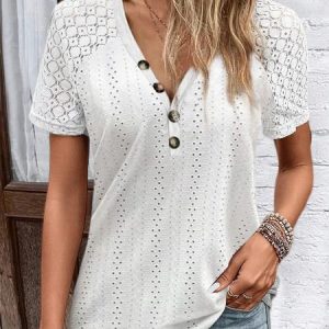 Plain Knit Hollow Panel Lace V-Neck Top, Shirts & Blouses, color:White|size:XXL, JustFashionNow