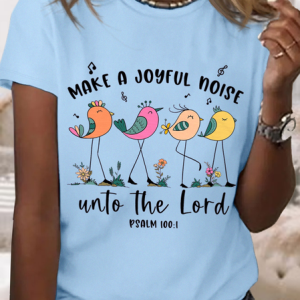 Women's Make A Joyful Noise Simple Loose Crew Neck Cotton T-Shirt, color:Light Blue|size:3XL, Lilicloth.com