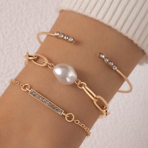 Baroque Imitation Pearl Rhinestone Bracelet Set, Bracelets, color:Golden|size:One-size, JustFashionNow