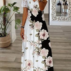 Casual Lace Floral Jersey Dress, Maxi, color:Multicolor|size:M, Noracora