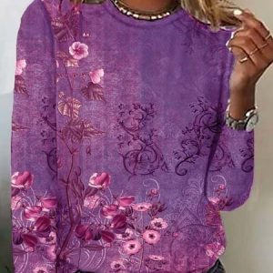 Casual Crew Neck Floral T-Shirt, Long sleeves, Lilicloth.com