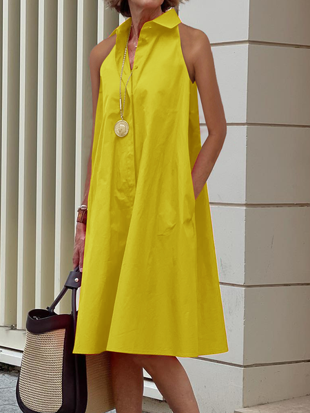 Urban Loose Sleeveless Shirt Collar Short Shirt Dress, Mini Dresses, color:Yellow|size:XS, Stylewe