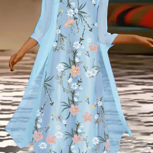 Floral Sweet Long Sleeve Woven Dress, Maxi, color:Sky Blue|size:XXL, catalog Noracora shop