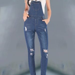 Casual Plain Ripped Pocket Stitching Regular Fit Elasticity Denim Bib Pants, Jumpsuits＆Rompers, color:Blue|size:3XL, JustFashionNow