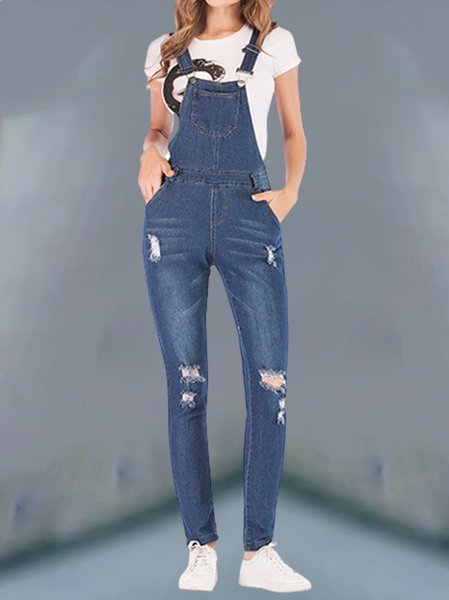 Casual Plain Ripped Pocket Stitching Regular Fit Elasticity Denim Bib Pants, Jumpsuits&Rompers, color:Blue|size:3XL, JustFashionNow