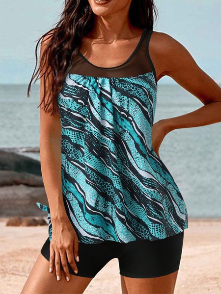 Vacation Striped Printing Scoop Neck Tankini, swimwear>>Tankinis, color:Blue|size:XXL, JustFashionNow