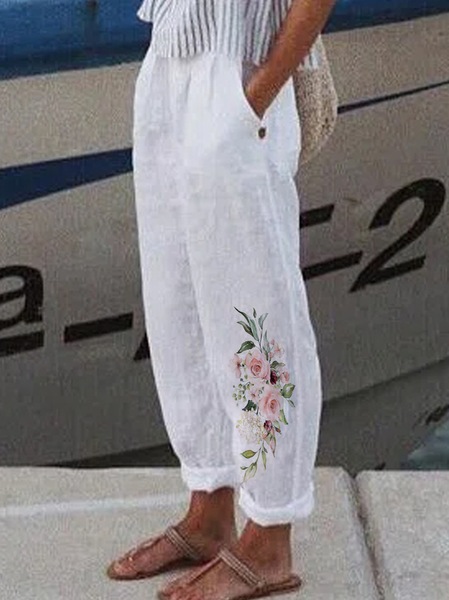 Women's Loose Casual Baggy Linen & Cotton Pant, Pants, color:White|size:XXL, JustFashionNow