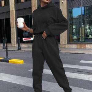 Women Plain Hoodie Long Sleeve Comfy Casual Top With Pants Two-Piece Set, Sets, color:Black|size:XL, Noracora