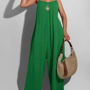 Spaghetti Vacation Plain Loose Jumpsuit, Jumpsuits, color:Green|size:XXL, Stylewe