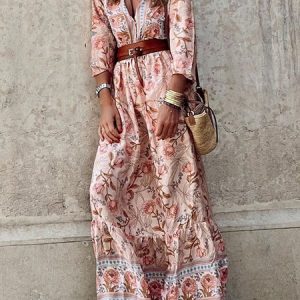 V Neck Boho Long Sleeve Maxi Dresses, Maxi, color:flower|size:XL, Noracora