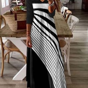Women Abstract Stripes V Neck Long Sleeve Comfy Casual Maxi Dress, Maxi, color:Black|size:XXL, Noracora