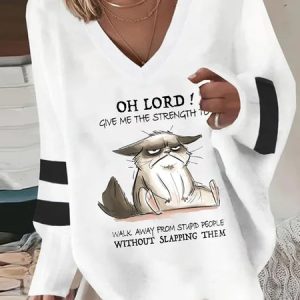 Plus Size Casual V Neck Loose Letter Pattern Sweatshirt, TOPS, color:White|size:4X, Noracora