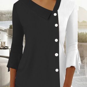 Loose Others Casual Color Block Shirt, Shirts & Blouses, color:Black|size:XXL, JustFashionNow